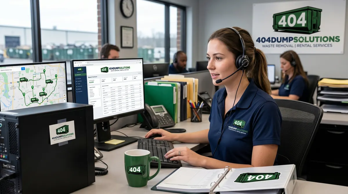 404 Dump Solutions dispatcher wearing a headset at a desk with route maps on the screens