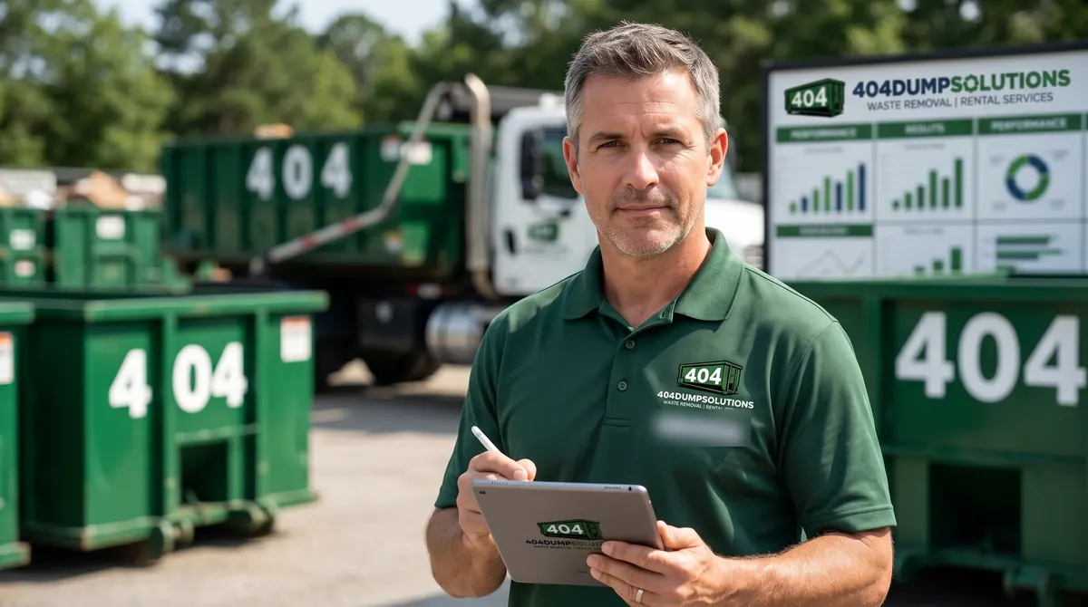 404 Dump Solutions team member with a tablet in the container yard, with roll-off containers and a truck behind